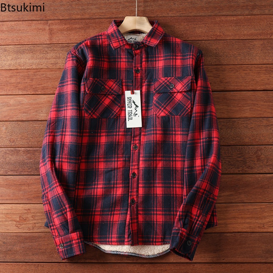 Flannel Shirt Lined - Winter Plaid Fleece Shirts Jacket Men's