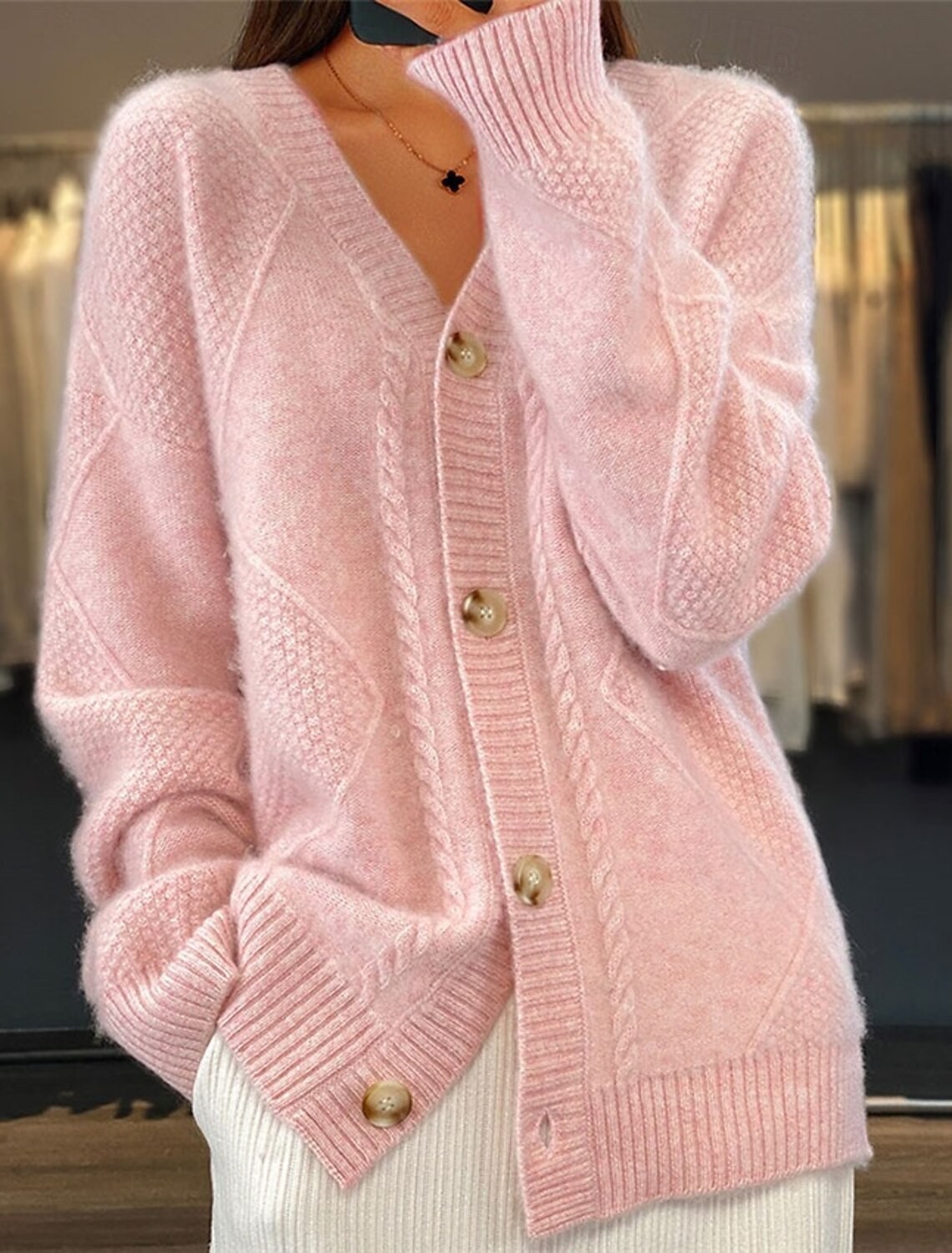 Women V Neck Cable Knit Cardig - Down Jacket Packable recension och pris